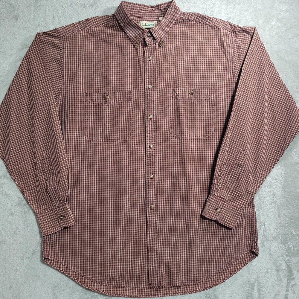 L.L. Bean Shirt Mens Large Red Check Long Sleeve Button Down Casual Cotton
